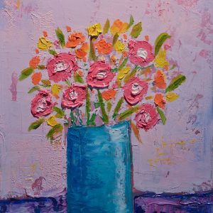“Pink Flowers In Turquoise Vase” By Sharon Blancard