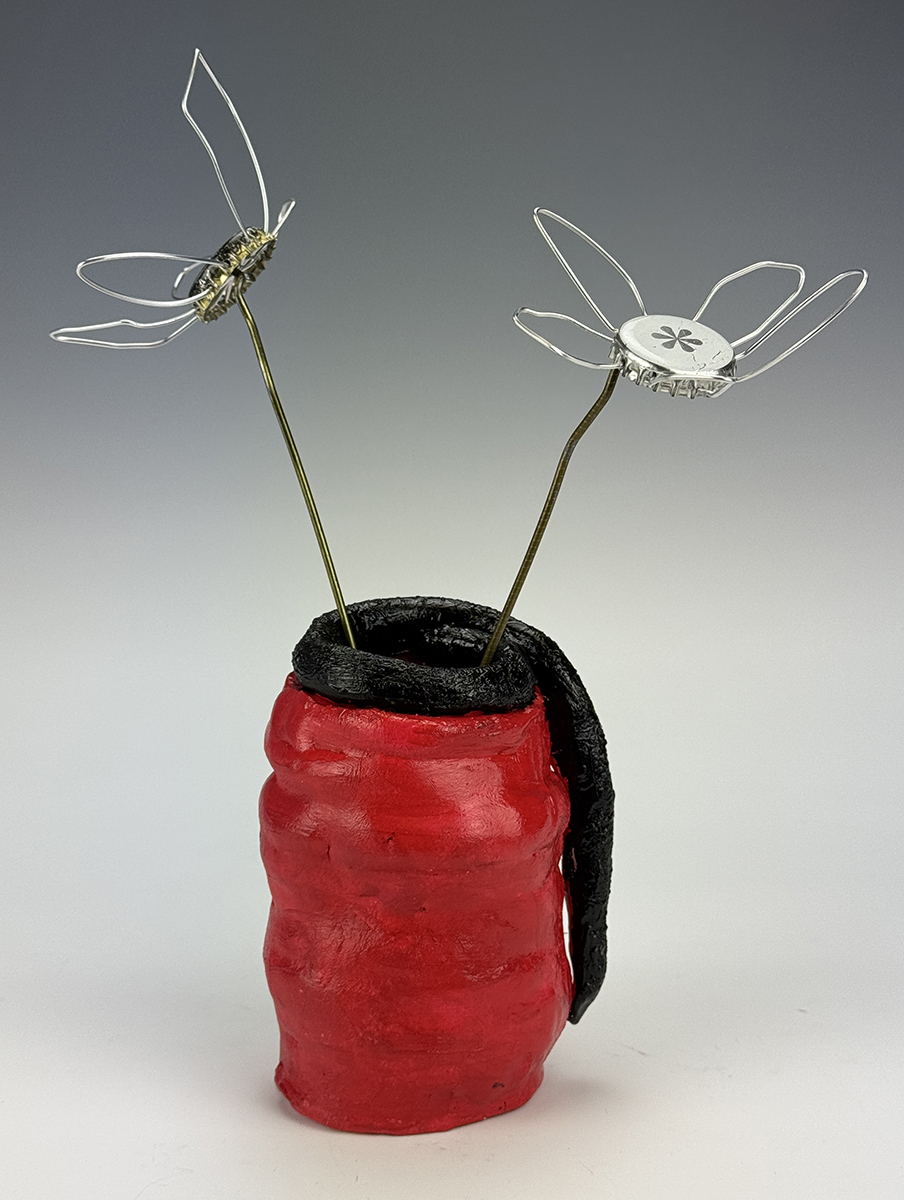 The Black Worm on a Red Vase with Flowers-John Golmant