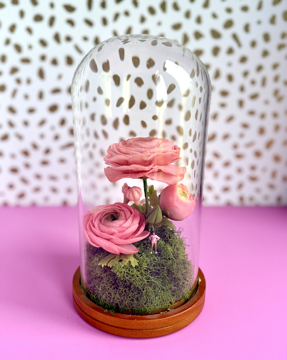 Pink ranunculus and rose arrangements under a glass cloche on a moss bed with a wooden base.